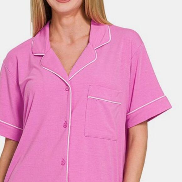 ZENANA Mauve Pink Button Down Short Sleeve Top and Shorts Pajamas Lounge Set - Picture 4 of 5